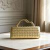 Elegant Gold-Plated Woven Box Clutch Bag With Asymmetrical Metal Handle Urban Chic Evening Handbag