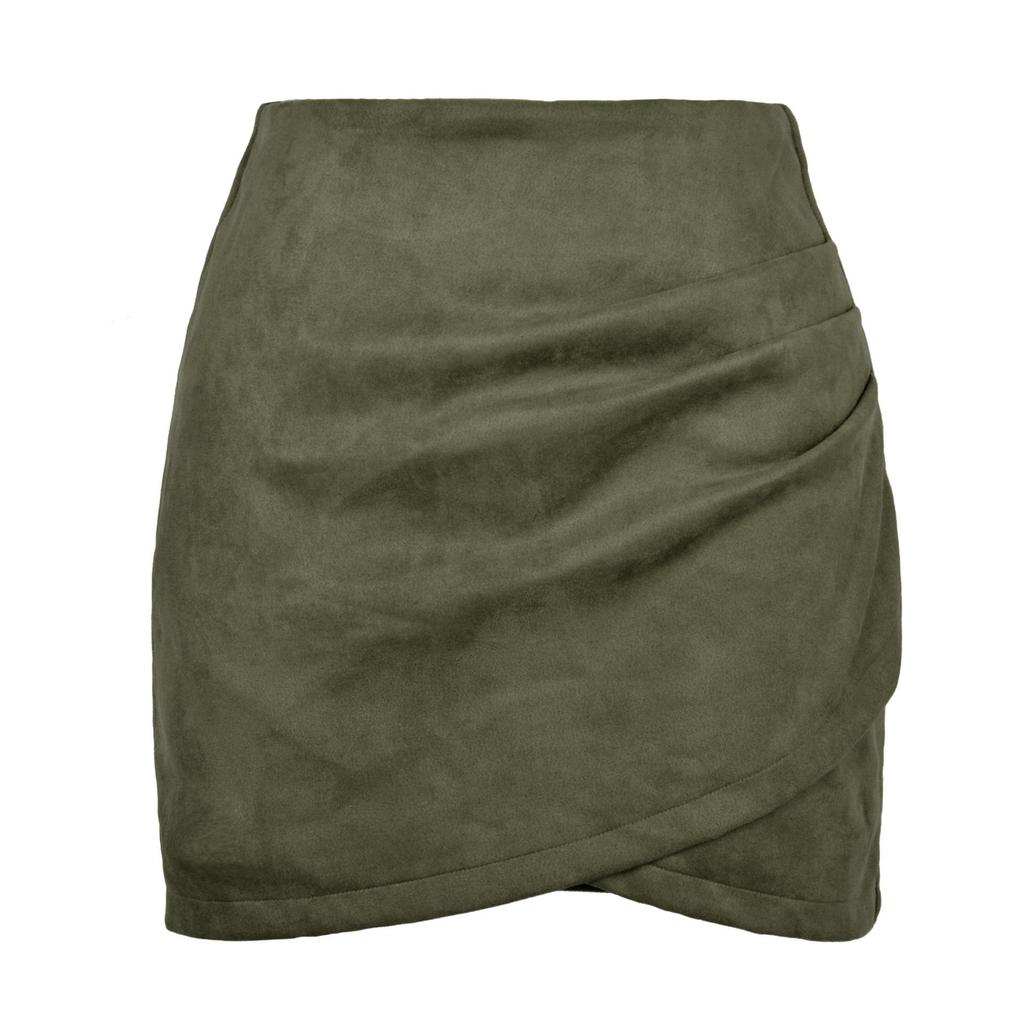Suede Solid Color Buttocks Wrapped Skirt Pleated Irregular Zippered Short Skirt for Women's Clothing