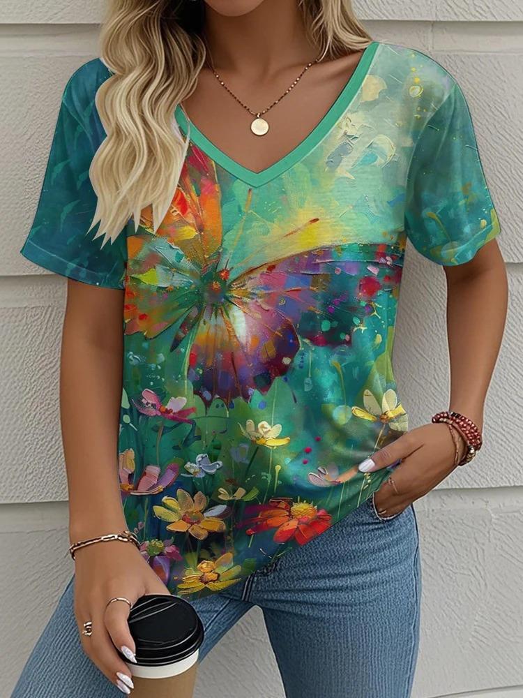 3D Butterfly Printed Short Sleeve T-shirt Korean Style Women's Clothes 2024 V-neck Short Sleeves Tees Shirt Loose Casual Blouses