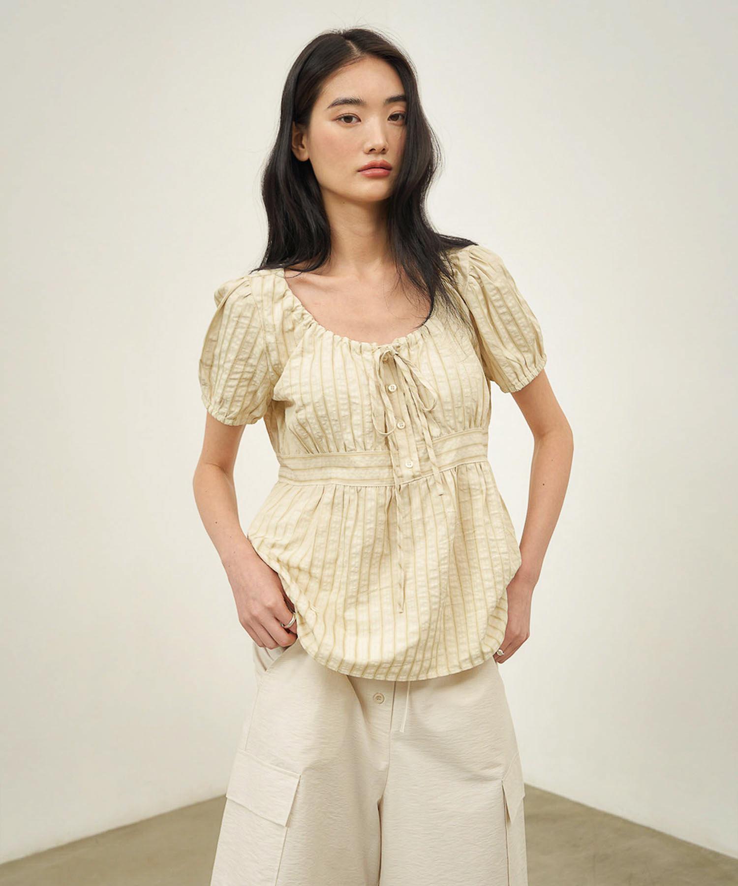 Auro Stripe Puff Blouse [ Beige ]
