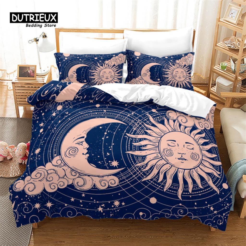 Sun And Moon Duvet Cover Exotic Galaxy Stars Bedding Set Microfiber Astrology Comforter Cover Queen For Kids Boys Teens Bedroom