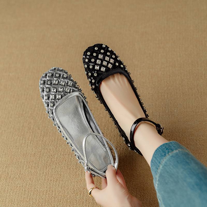 Krazing Pot Knitwear Sheepskin Summer Size 40 Crystal Low Heels Ankle Straps Rhinestone Square Toe Elegant Sweety Pumps
