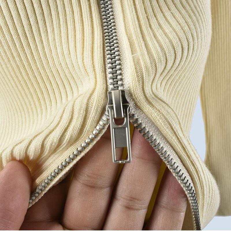 Stylish Double Zipper Knitting Cardigan Female Spring & Fall New Arrival Silm Slim Looking Lapel Long Sleeve Bottoming Top Outwear