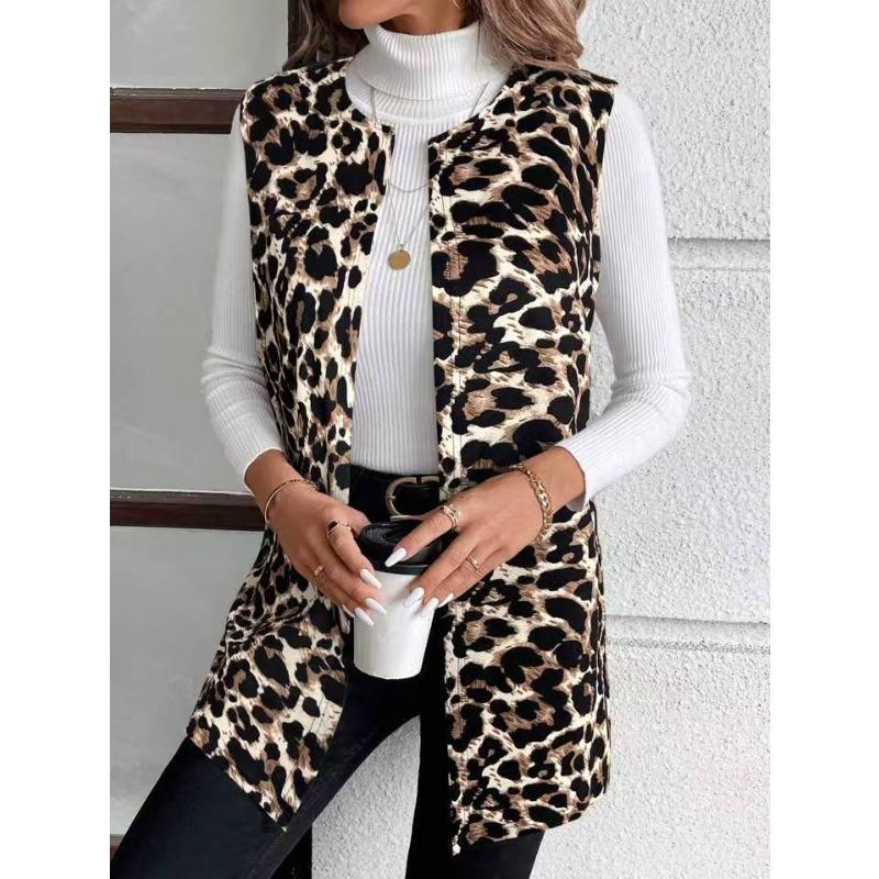 YYFS Women's Fashion Casual Leopard Print Autumn Winter Sleeveless O-Neck Jackets & Coats