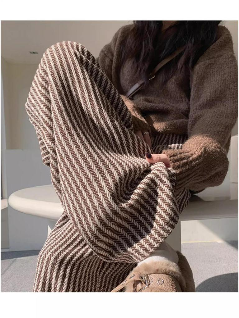 High Waist Pinstripe Wool Wide Leg Pants for Petite Women - Korean Style, Brown, Fall/Winter