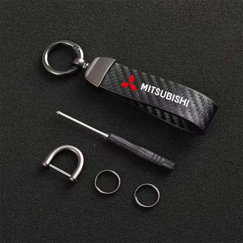 Auto Keyring Carbon Leather Keychain for Mitsubishi Pajero Sport Eclipse Cross L200 Colt Delica Ralliart Triton Car Accessories