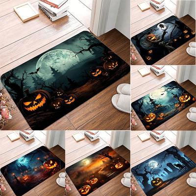Halloween Muster Fußmatte Lebendige Kürbis Mondnacht Designs mit Fledermäusen und Gruselbäumen Rutschfeste Bodenmatte für Heimdeko