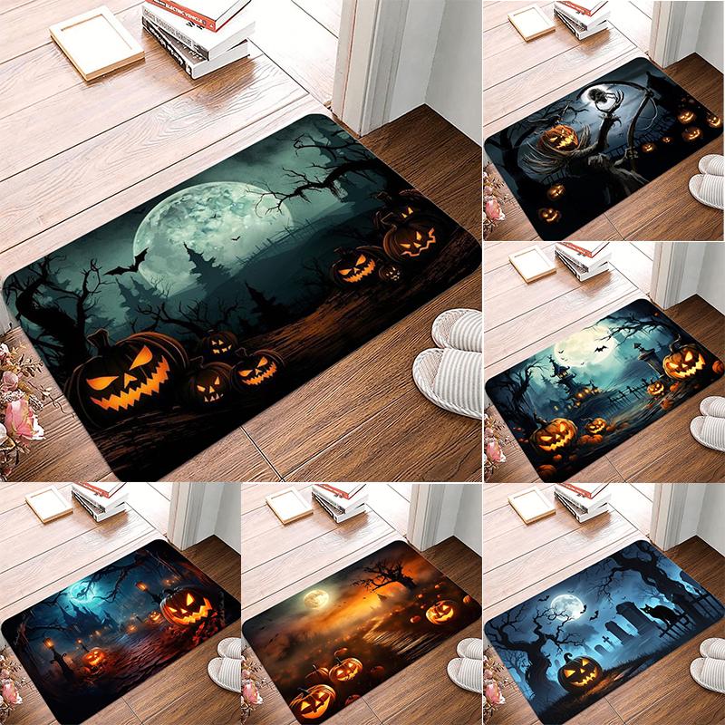 Halloween Pattern Door Mat Vivid Pumpkin Moonlit Night Designs with Bats and Spooky Trees NonSlip Floor Mat for Home Decor