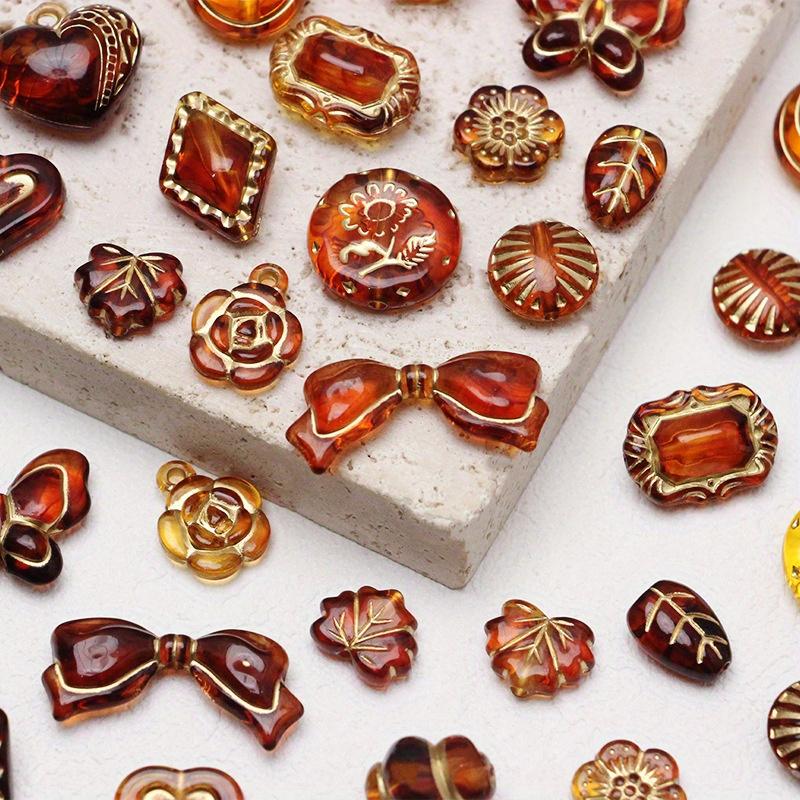 10PCS Vintage Amber Golden Smudged Beaded Rose Bow Leaf Beaded Pendant Acrylic DIY Handmade Jewelry Bracelet Necklace Earrings