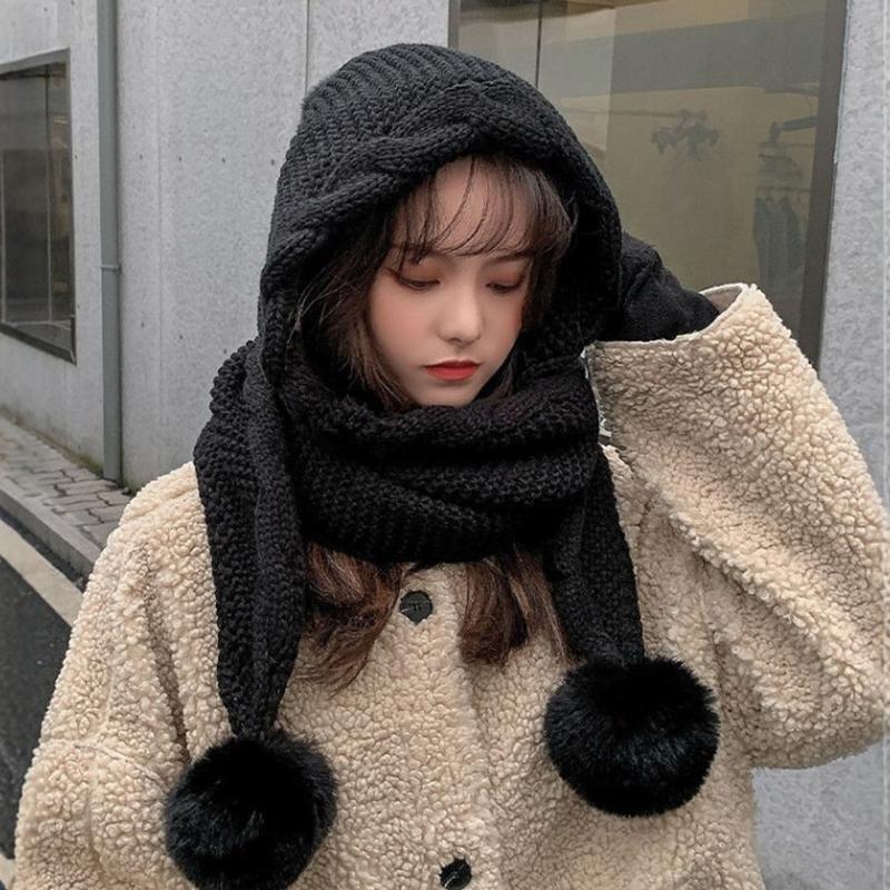 Women's Winter Hat Scarf Set Thermal Wool Pom Beanie&balaclava For Extreme Cold Versatile Hat With Attached Scarf Knitted Hat