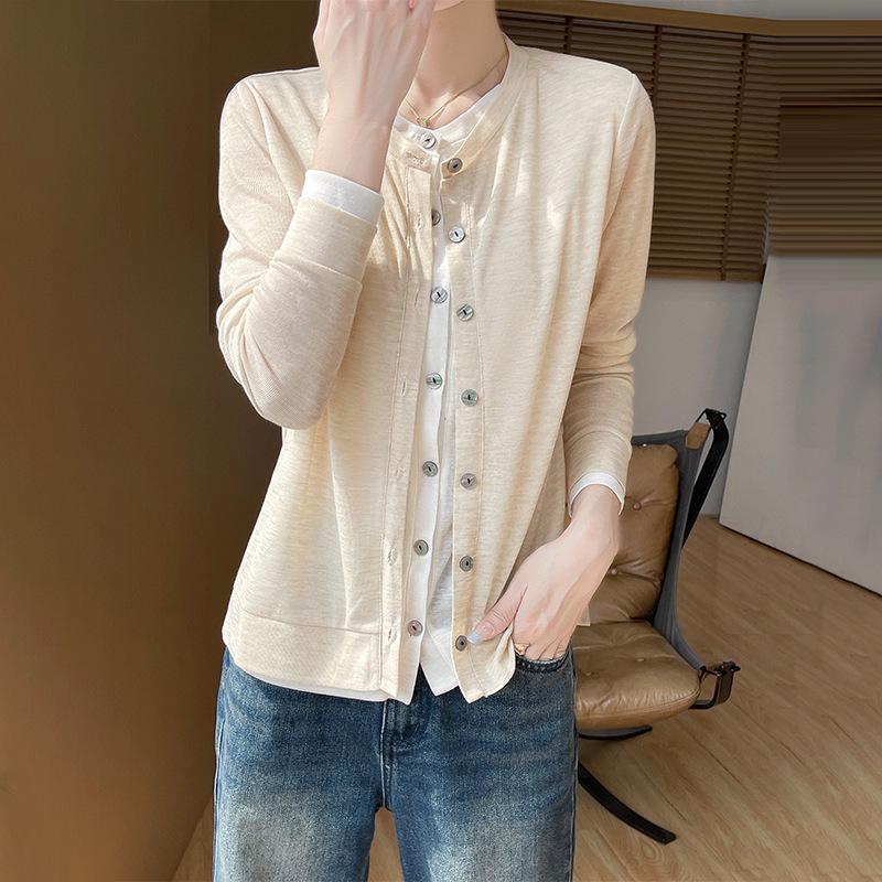 

2025 Summer Women s Color Block Round Neck Long Sleeve Two-Piece Shirt Top L