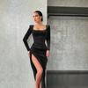 New Women's Elegant Sexy Square Neck Ruched High Waist Bodycon Split Dress Temperament Sexy Square Collar Retractable Small Dress