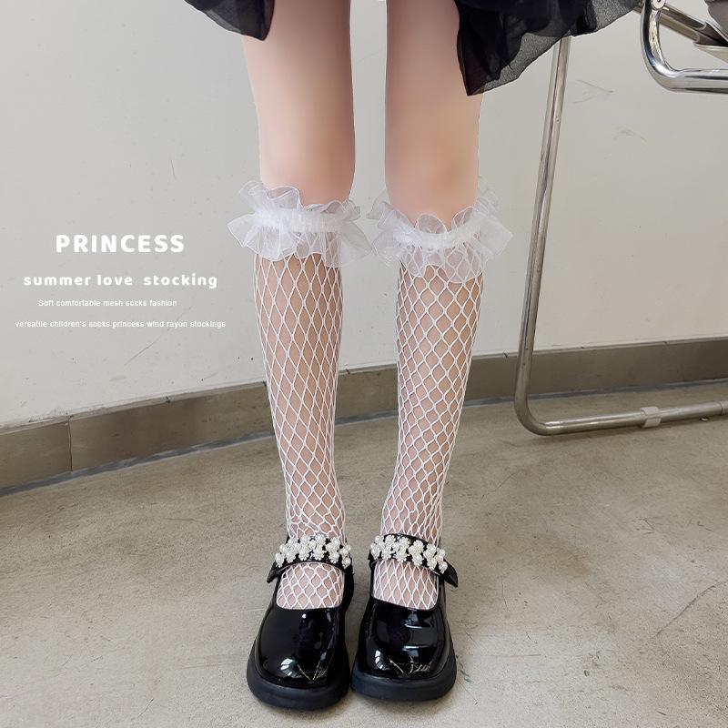 Children's Socks Summer Lolita Wooden Ear Mesh Ribbon Large Bow Mid-tube Socks for Girls
