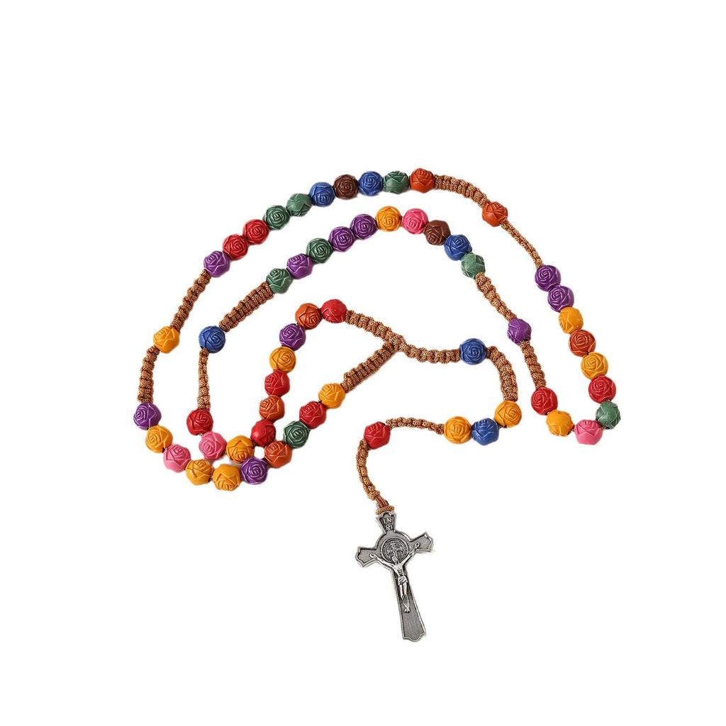 Catholic Colorful Flower Beads Rosary Necklace with Crosses Pendant Religious Chain for Prayer Jewelry and Daily Wear