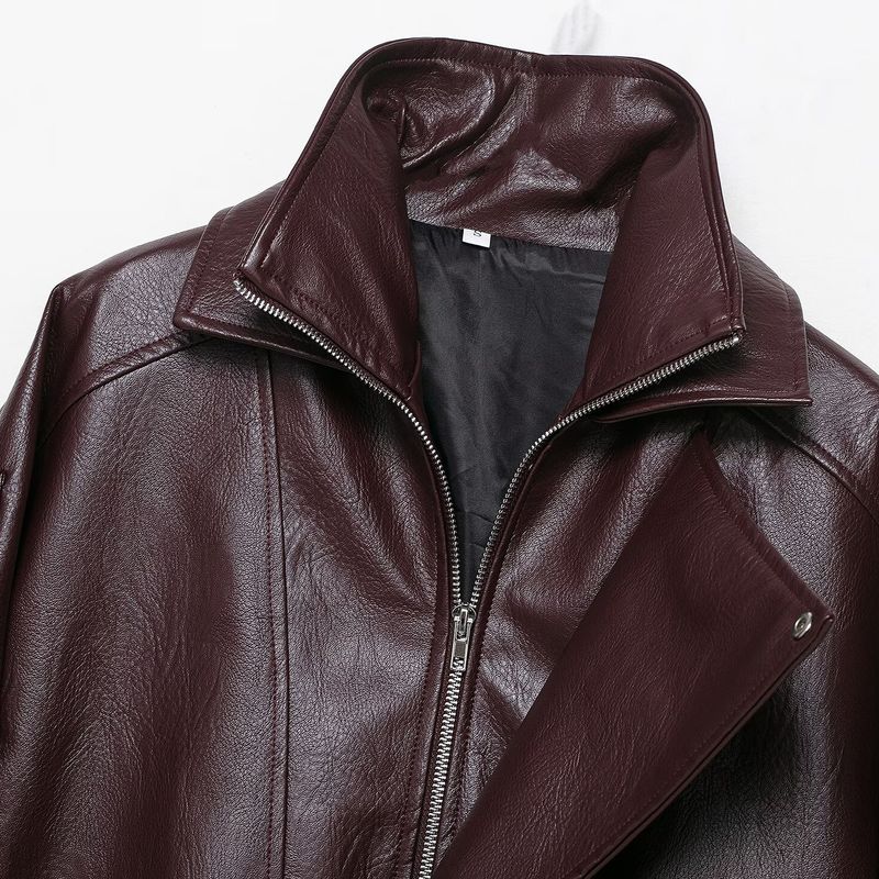 Kaslead New Women clothes Western Style Brown Leather Clothing Heavy Industry Sleeve Profile Short Locomotive Jacket