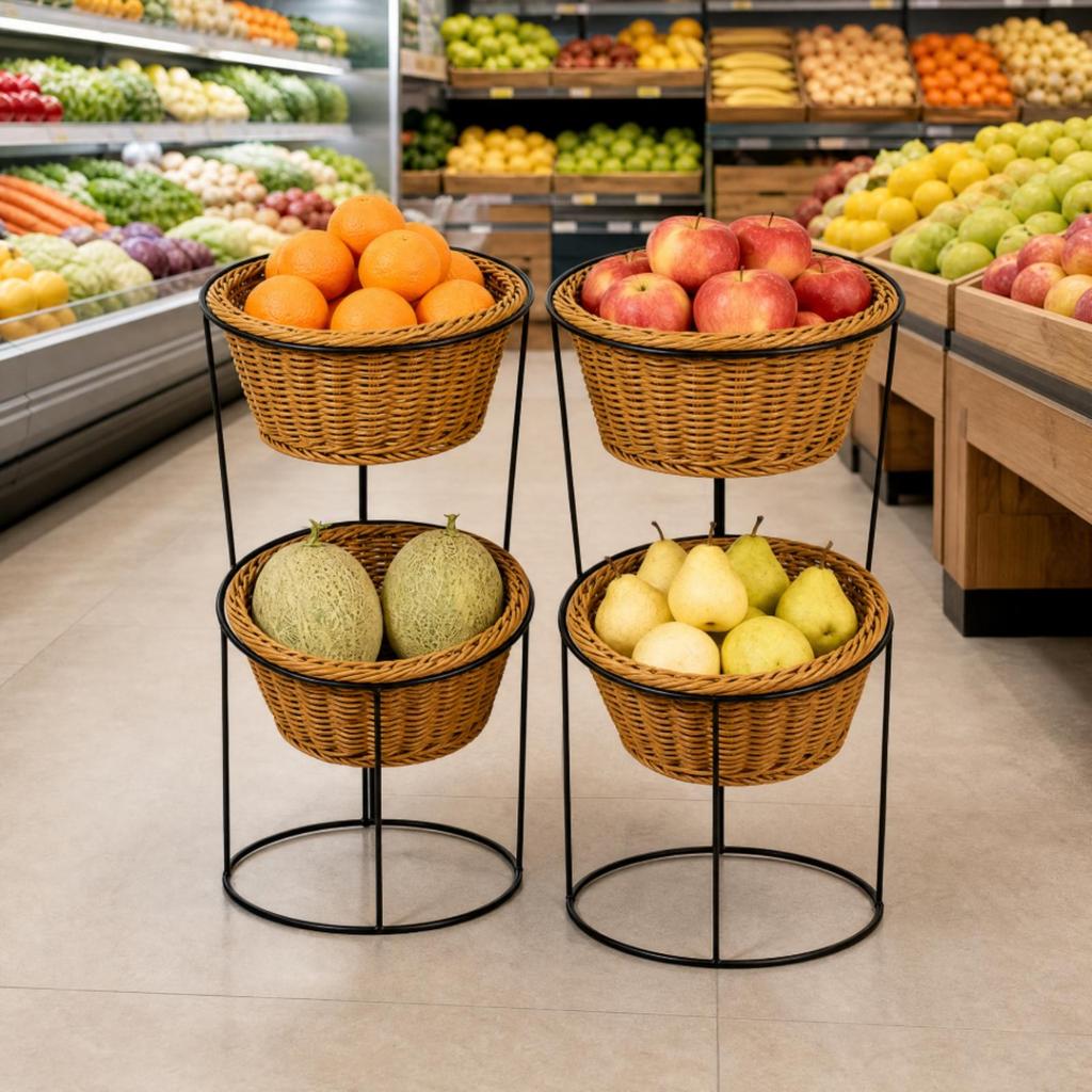 Freestanding Produce Display Rack Stable Floor with Woven Baskets