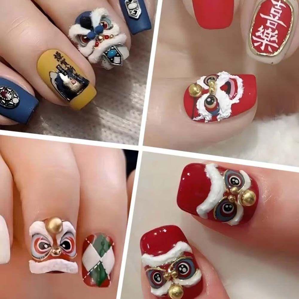 New Year Nail Charms Lion Awakening Nail Stickers Chinese Nail Decorations Girls