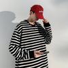 Men's Spring and Autumn Outdoor Trendy Stripe Couple Hong Kong Style Long Sleeve Round Neck T-shirt Pure Cotton Hoodie