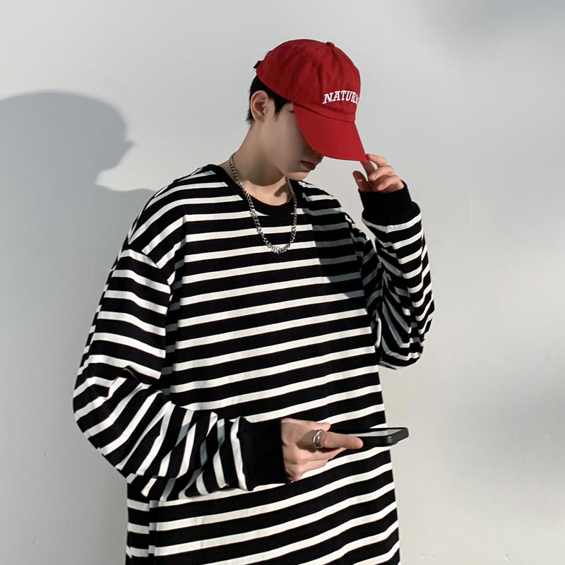 Men's Spring and Autumn Outdoor Trendy Stripe Couple Hong Kong Style Long Sleeve Round Neck T-shirt Pure Cotton Hoodie