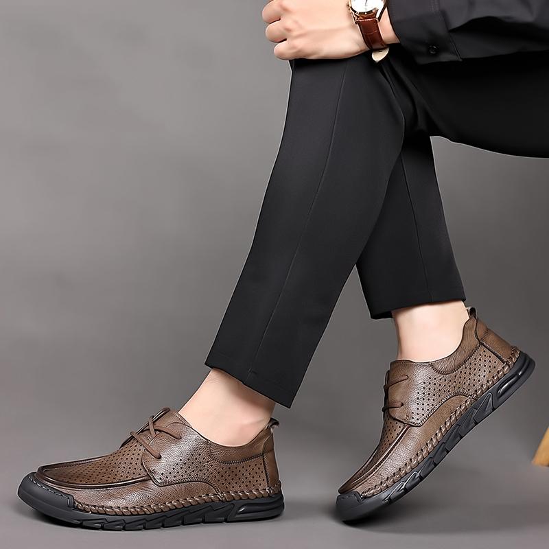 Men Split Leather Business Casual Shoes Summer Punching Leather Comfortable Driving Flats Mens Outdoor Hollow Out Oxfords Shoes