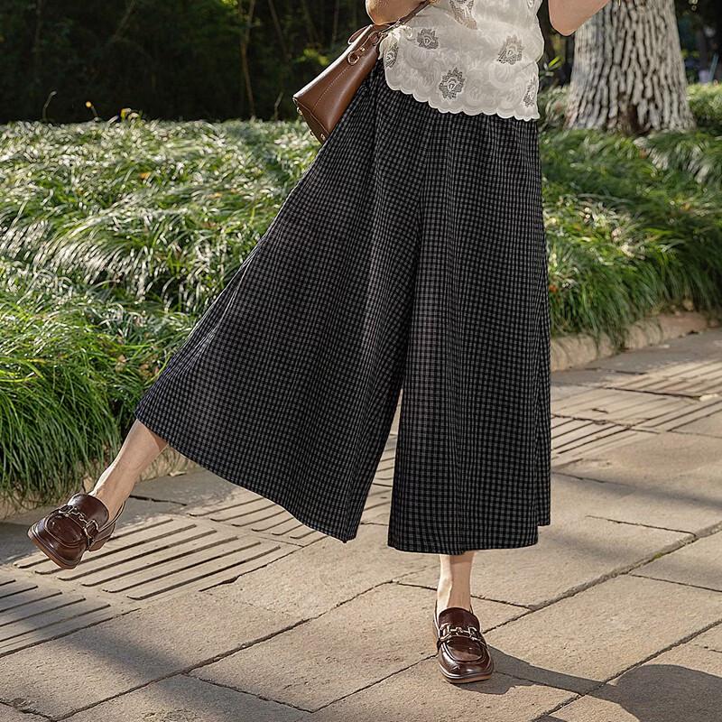 Women's High-Waist Plaid Wide Leg Cropped Pants