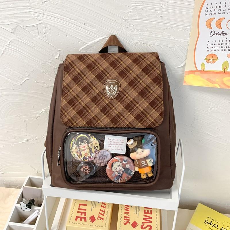 

British College Style Flip Backpack Women s Maillard Vintage Rhombus Small Backpack Large Capacity Fashion Casual Backpack without accessories