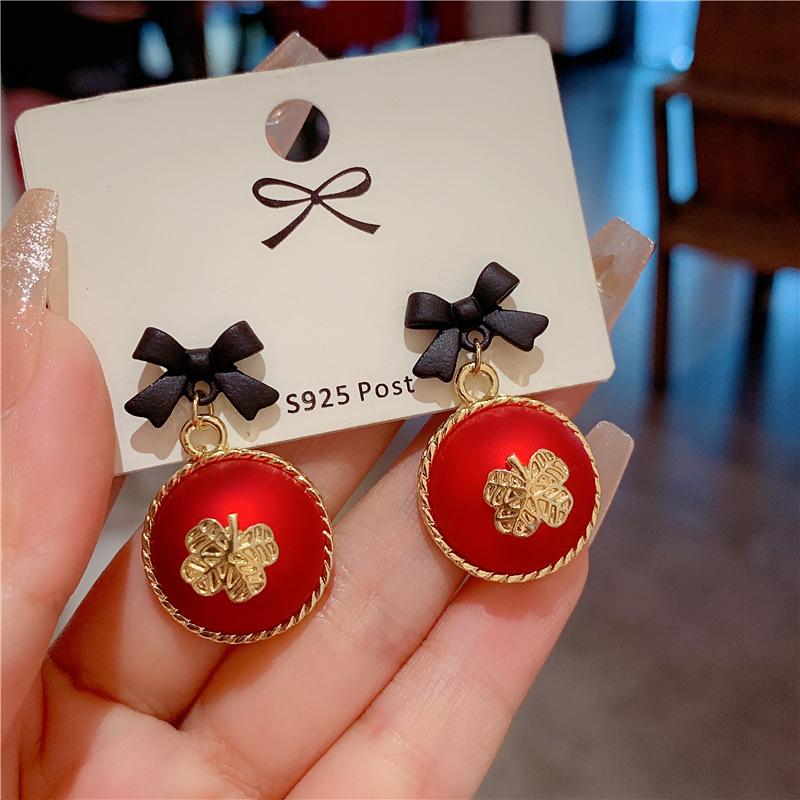 Silver needle Chinese style red pearl earrings, niche temperament bow stud earrings pendant women 925 silver needle