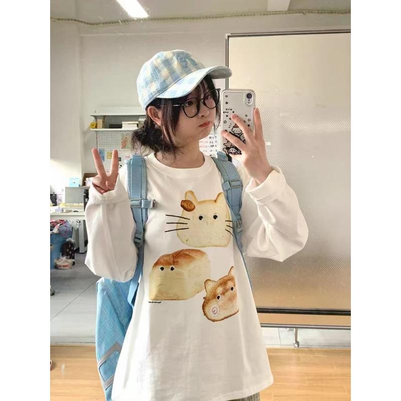 Tricouri albe Kawaii cu grafică pentru femei Casual supradimensionat drăguț Tricouri cu mânecă lungă Harajuku Topuri vintage dulci de modă japoneză