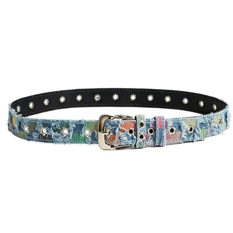 Distressed Street-Style Waist Belt with Star-Shaped Metal Grommets and Pin Closure for Cargo Pants, Jeans, and Skirts