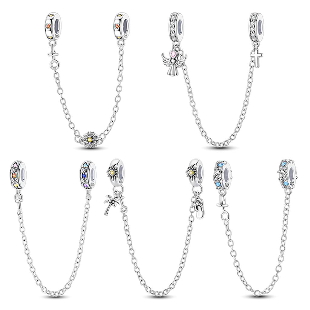 Copper Classic Safety Chain Heart Inlaid Colorful Zirconium Sun Moon Charms Bead Fit Original Bracelet Diy Jewelry