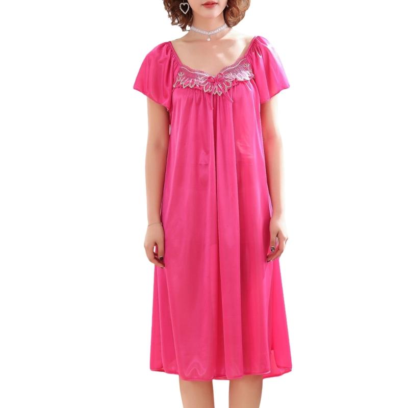 Women's Ice Silk Nightgown Sleepwear Round Neck Nightie Short Sleeves Nightshirt Summer Sleepwear Nightdress Sleep Dress
