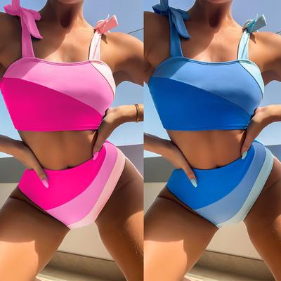 Kadın Mayo Blok Renk Askılı Yüksek Bel Seksi Bikini Seti Brezilya Beachwear