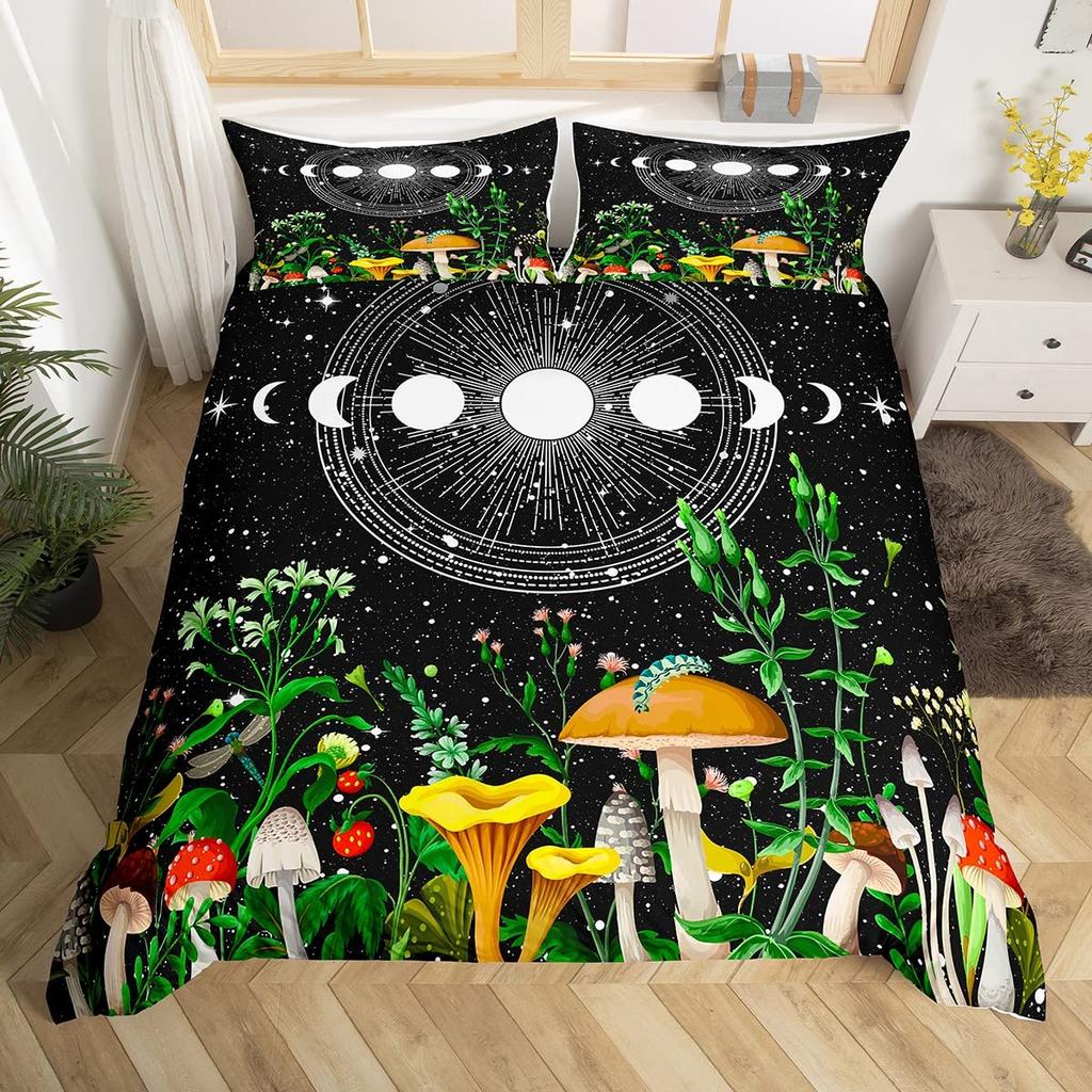 Glitter Starry Sky Galaxy Duvet Cover Mushroom Butterfly Quilt Cover Microfiber Star Moon Palm Leaves Flowers Queen Bedding Set