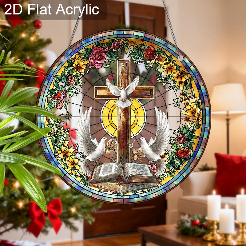 Acrylic Christian Cross with Doves and Bible Suncatcher, Stained Glass Effect Window Hanging Ornament for Religious Faith Gifts