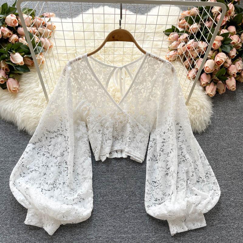 Lace Up Backless Slimming Short Style See Through Hook Flower Lace Shirt Autumn Outfit New Korean Style Stylish Small Shirt Versatile Top for Women