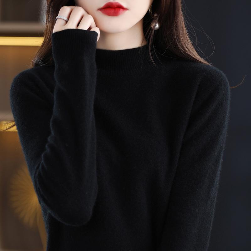 Women's Pure Wool Ribbed Sweater - Autumn/Winter Loose Fit Semi-High Neck Pullover