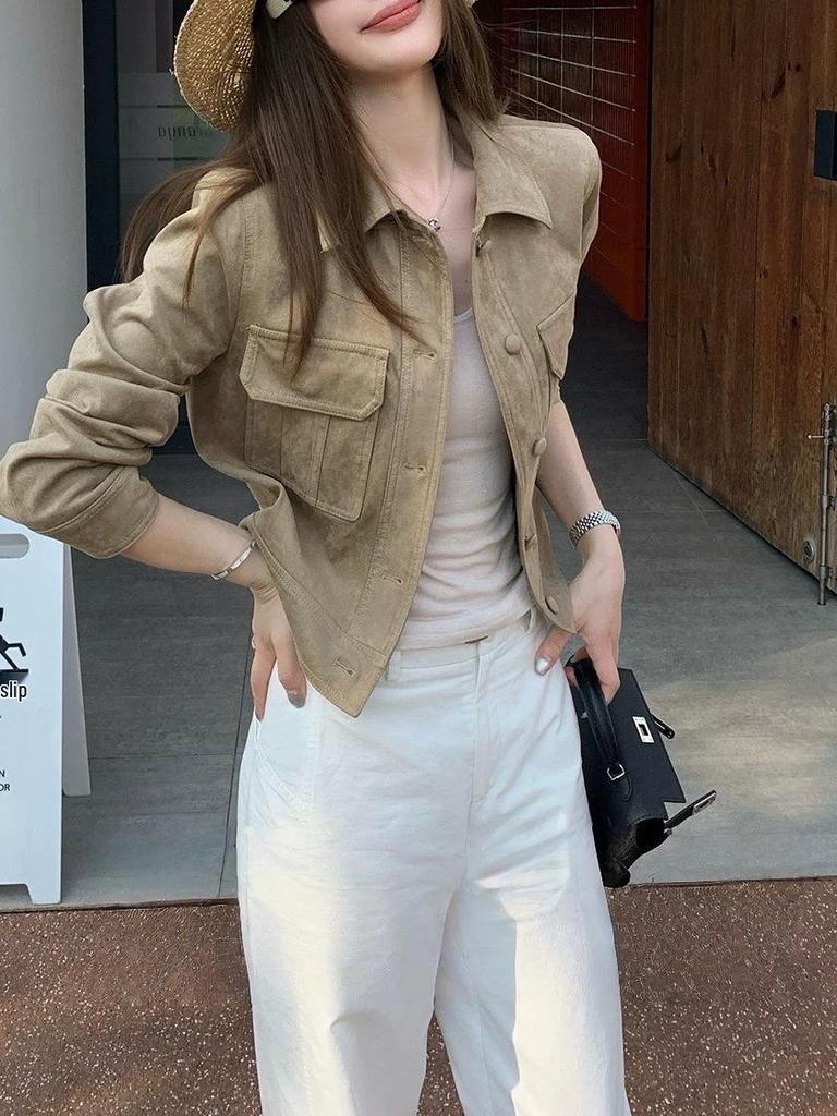 London Old Dream Vintage Khaki Wildleder Damen Herbst Arbeitsjacke, Kurz & Vielseitig