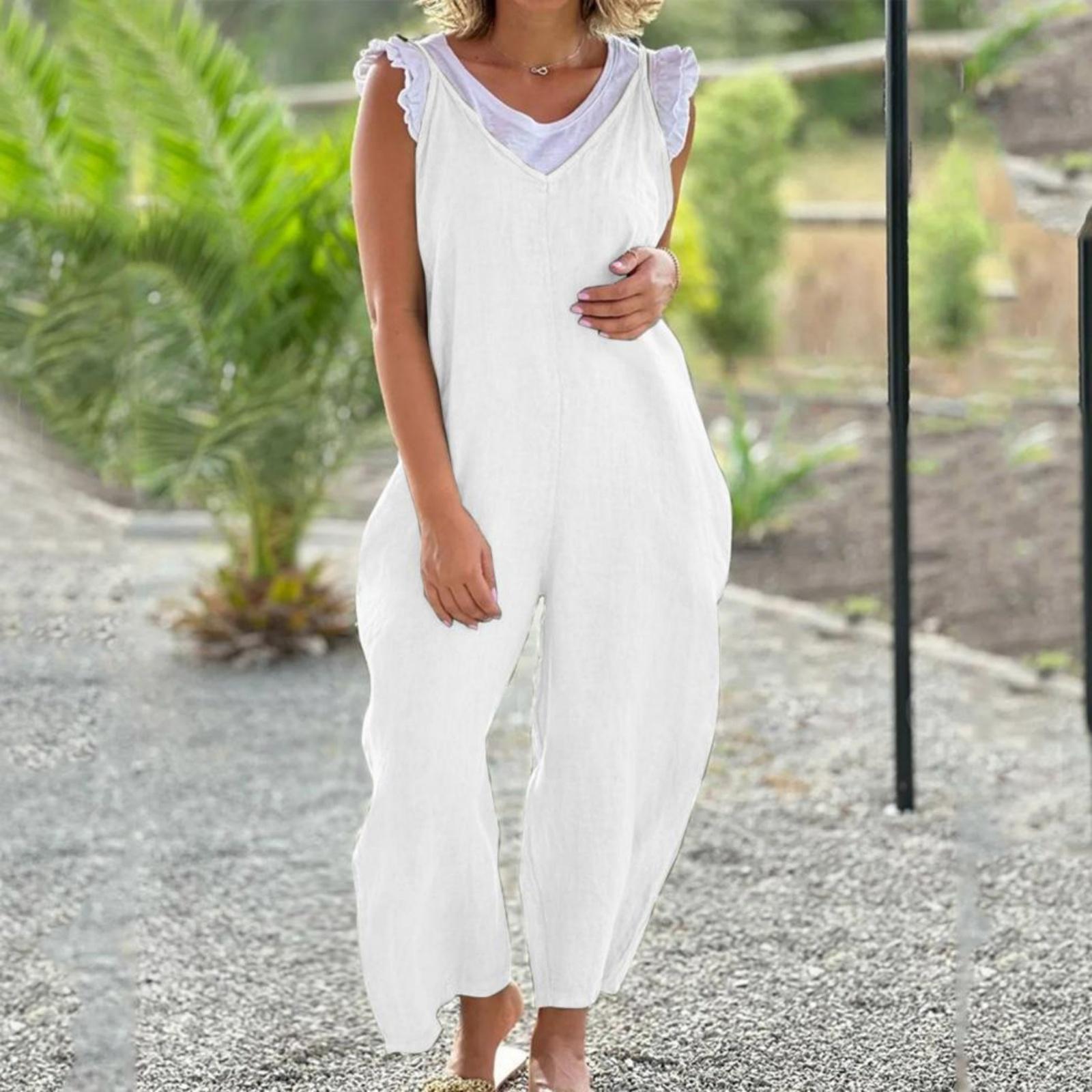 

Women s Casual Loose Chest Overalls Cotton-linen Overalls With Pocket Wide-leg V-neck Suspenders XL