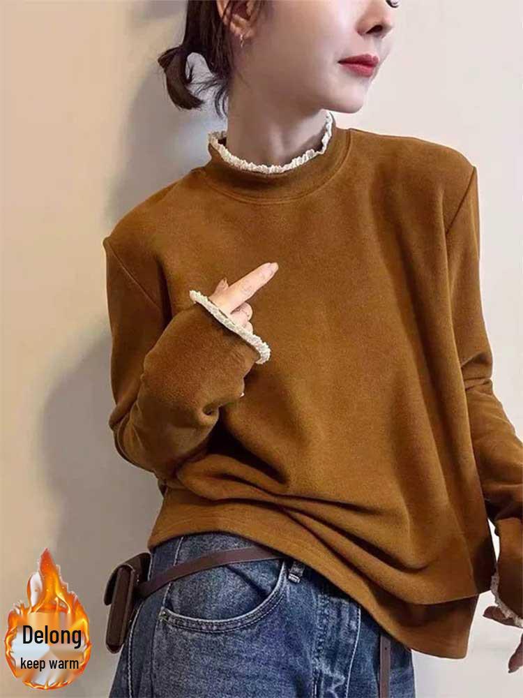 Color-Contrast Lace Half-High Collar Fleece Long-Sleeve Women's T-Shirt - 2026 Fashionable Casual Age-Defying Base Layer