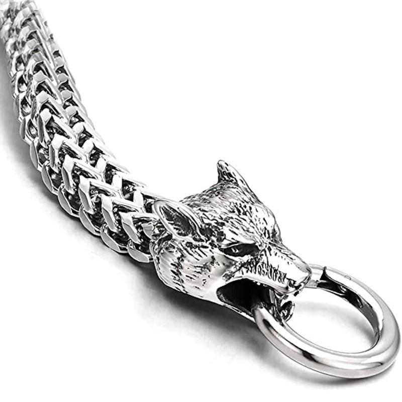Herren Edelstahl Wikinger Wolfskopf Kette Armband Retro Punk Stil Titan Biker Zubehör