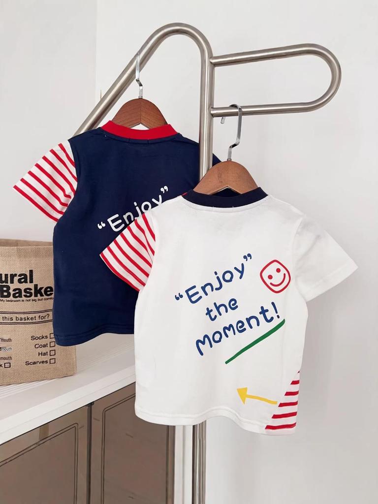 Boys' Short Sleeve Cartoon Stripe T-shirt - 2026 Summer Cool Patchwork Design
