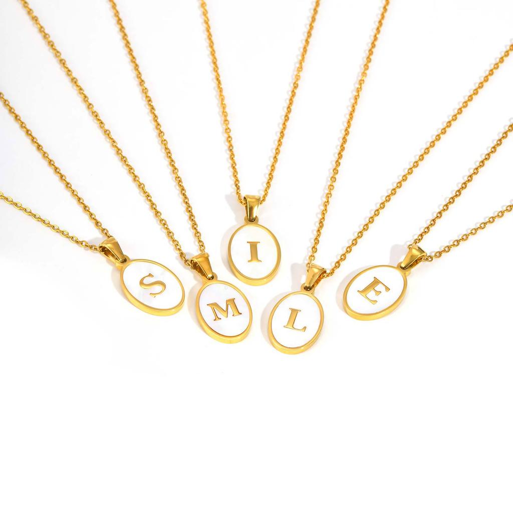 Stainless Steel Oval White Shell 26 Letter Pendant Name Letter Necklace Commemorative Gift Pn-2186
