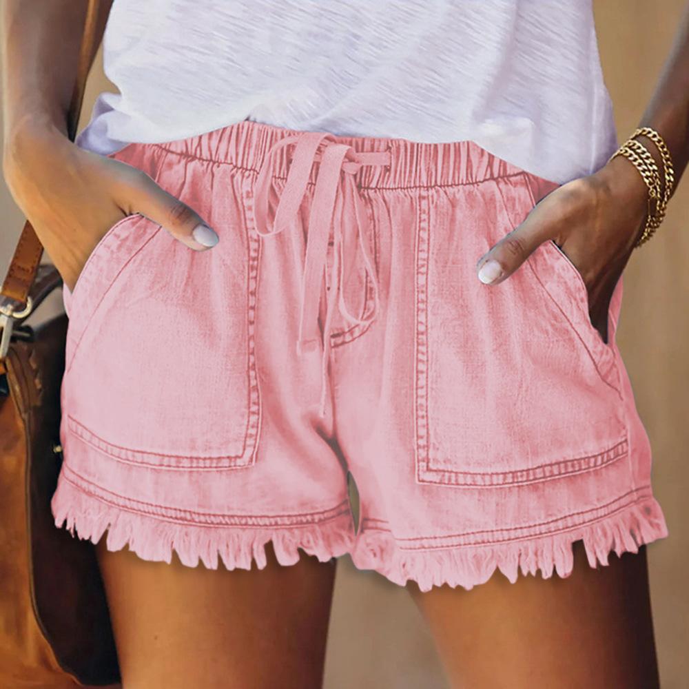 Womens Pocket Jeans Denim Pants Female Tassel Bandage Bottom Casual Shorts
