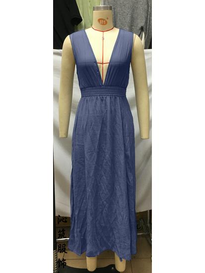 

Длинное платье на бретельках с разрезом для отпуска - Платье-бандо без рукавов с глубоким V-образным вырезом для пляжа M темно-синий