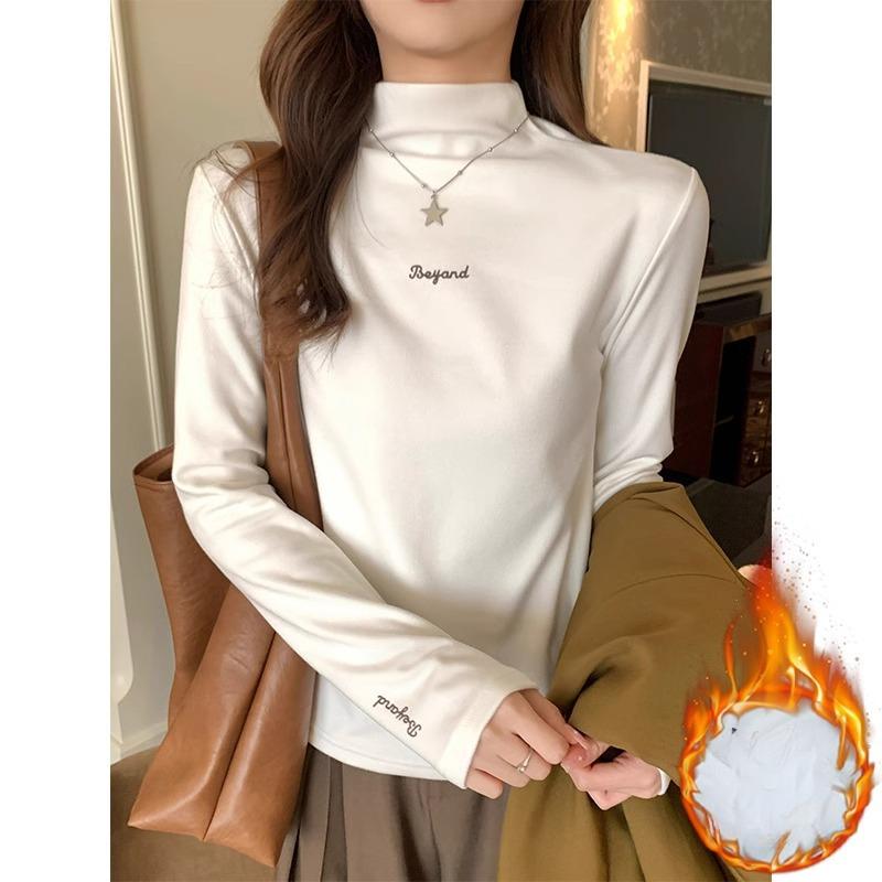 Kwiatowy szary T-shirt z długim rękawem dla kobiet zima nowy półwysoki kołnierz drukowany top niemiecki aksamit plus aksamit pogrubiona wewnętrzna koszulka bazowa