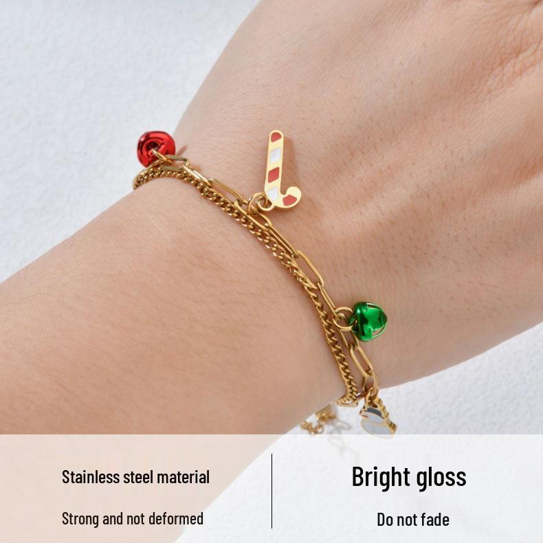 Double-layer Stainless Steel Bracelet with Christmas Charms: Snowman, Snowflake, Tree, Santa.