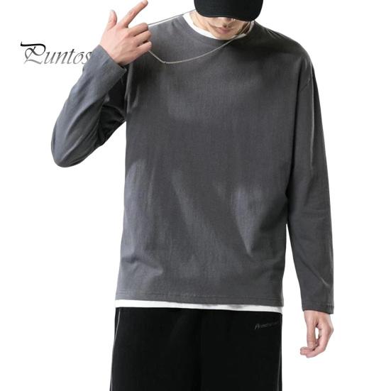 Herrenhemd Rundhals Langarm Weiches Atmungsaktives T-Shirt Einfarbig Lockere Passform Frühling Sommer Casual Tops