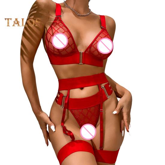 3 Pcs/Set Bra Briefs Set with Garter Fishnet Lace Multi Straps Hollow Out Thin High Waist Wedding Night Honeymoon Valentines Day Underwear Set