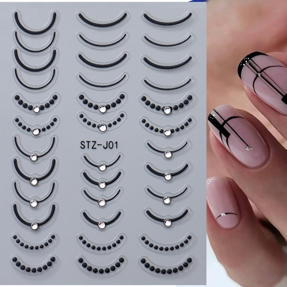 Strass 3D Linee Ondulate Argentate Adesivi per Unghie Decalcomanie Striscia Pizzo Perla Decorazioni per Nail Art Autoadesivi Gel Slider Manicure