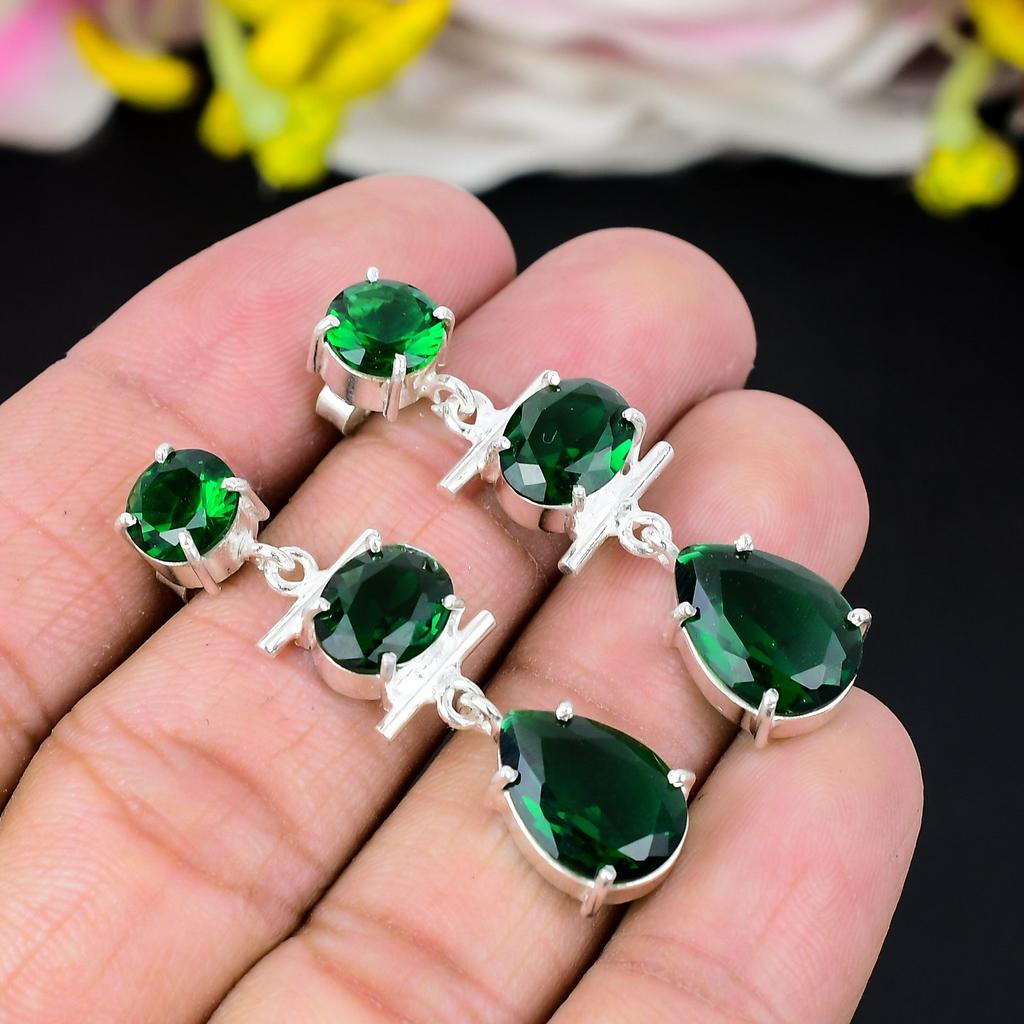 Chrome Diopside Gemstone Handmade 925 Sterling Silver Jewelry Earring 1.77" KG-292